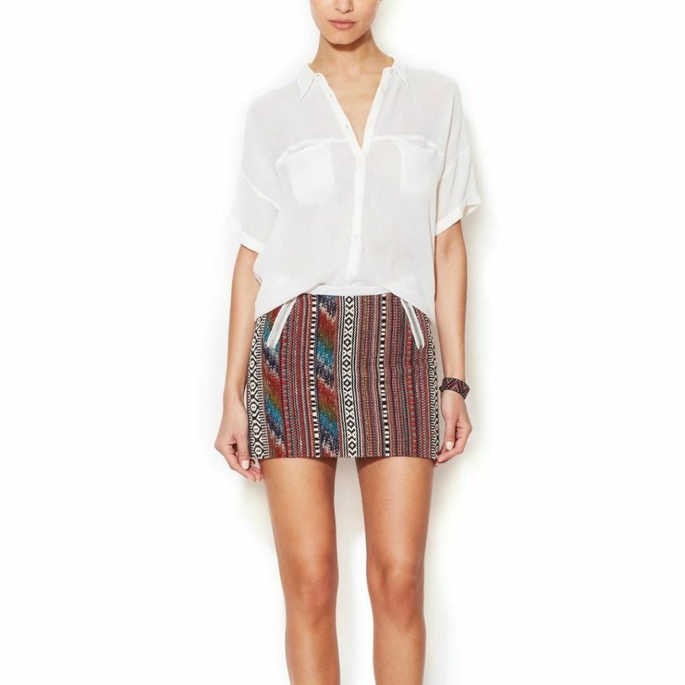 MAJE Tapestry Jacquard Mini Skirt *BOHO LUXE* Leather Trim